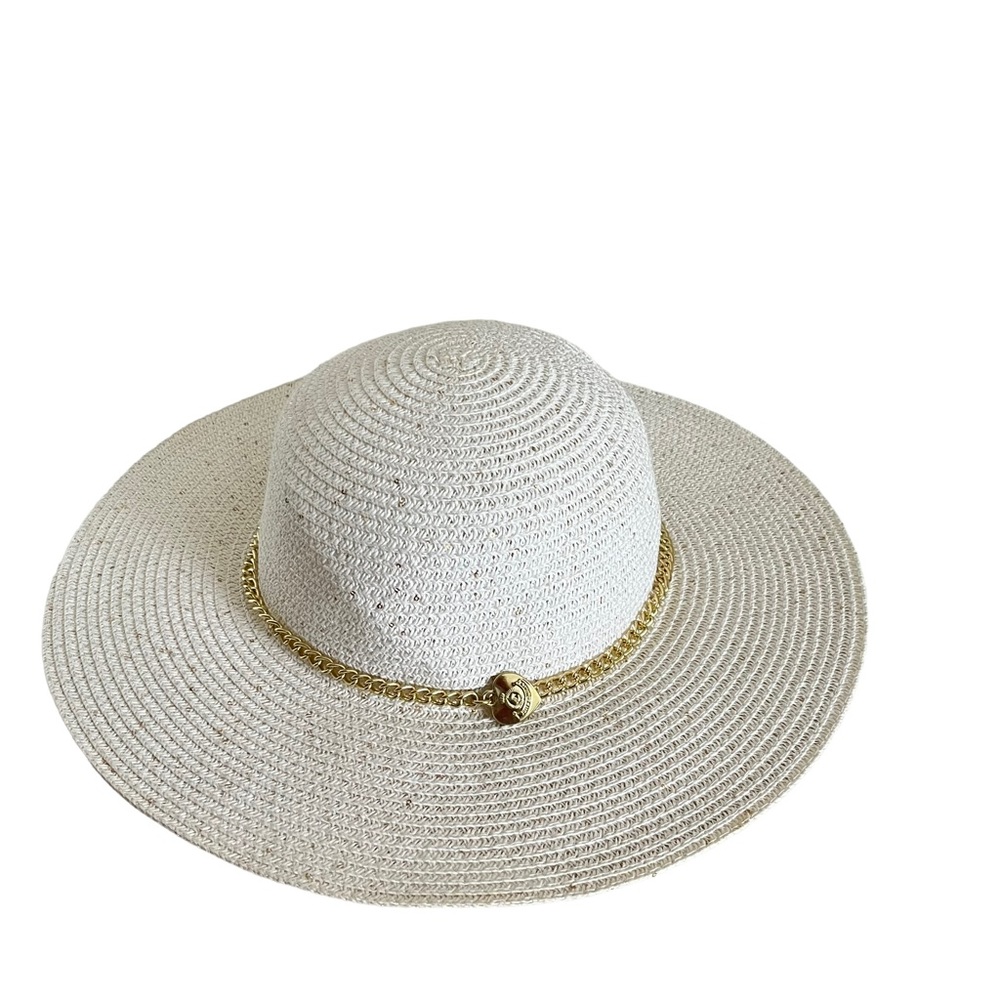 Juicy Couture Straw Beach Sun Hat Wide Brim Gold Charm Chain Detail One Size